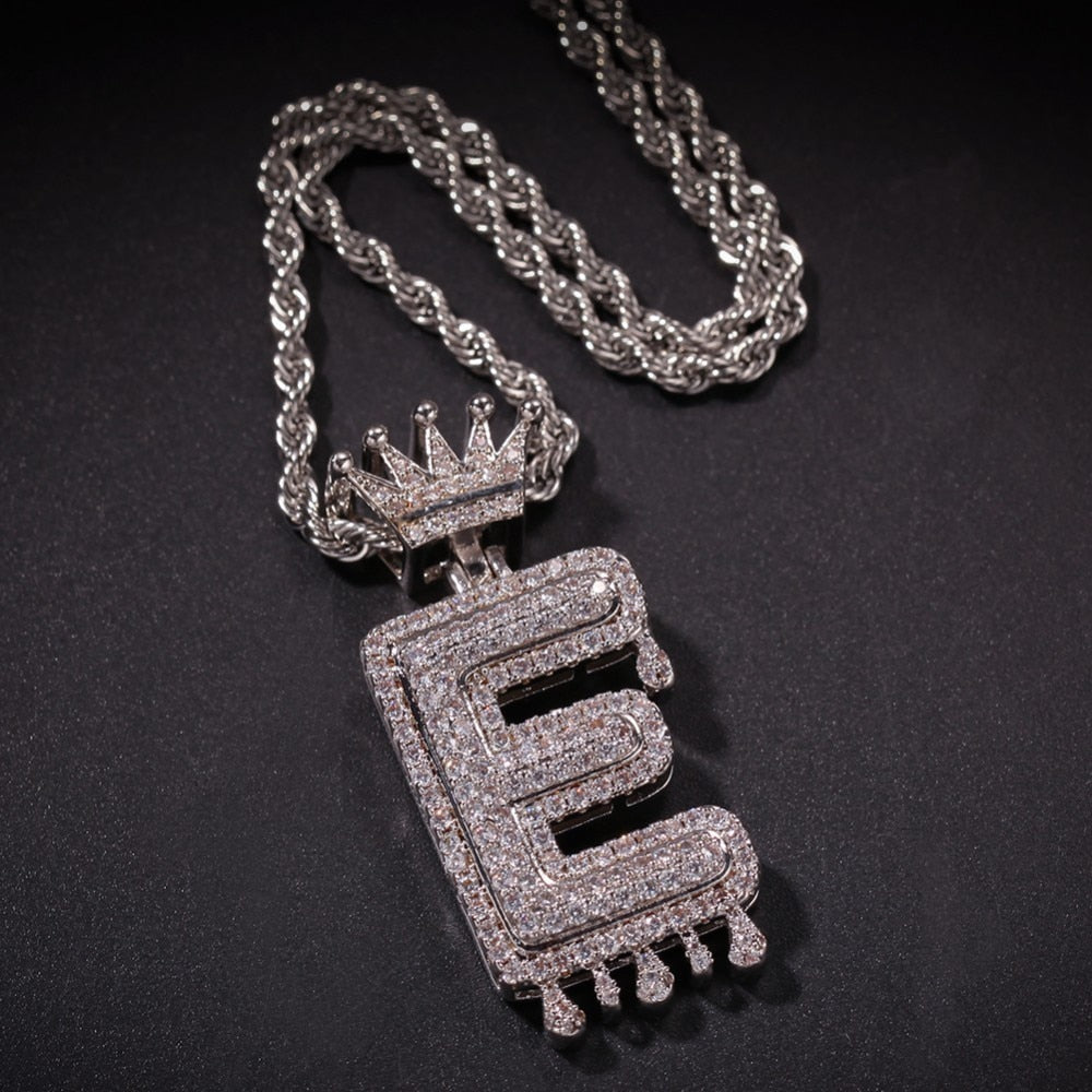 Custom Crown Drip Bubble Initial Letter Chain Necklaces