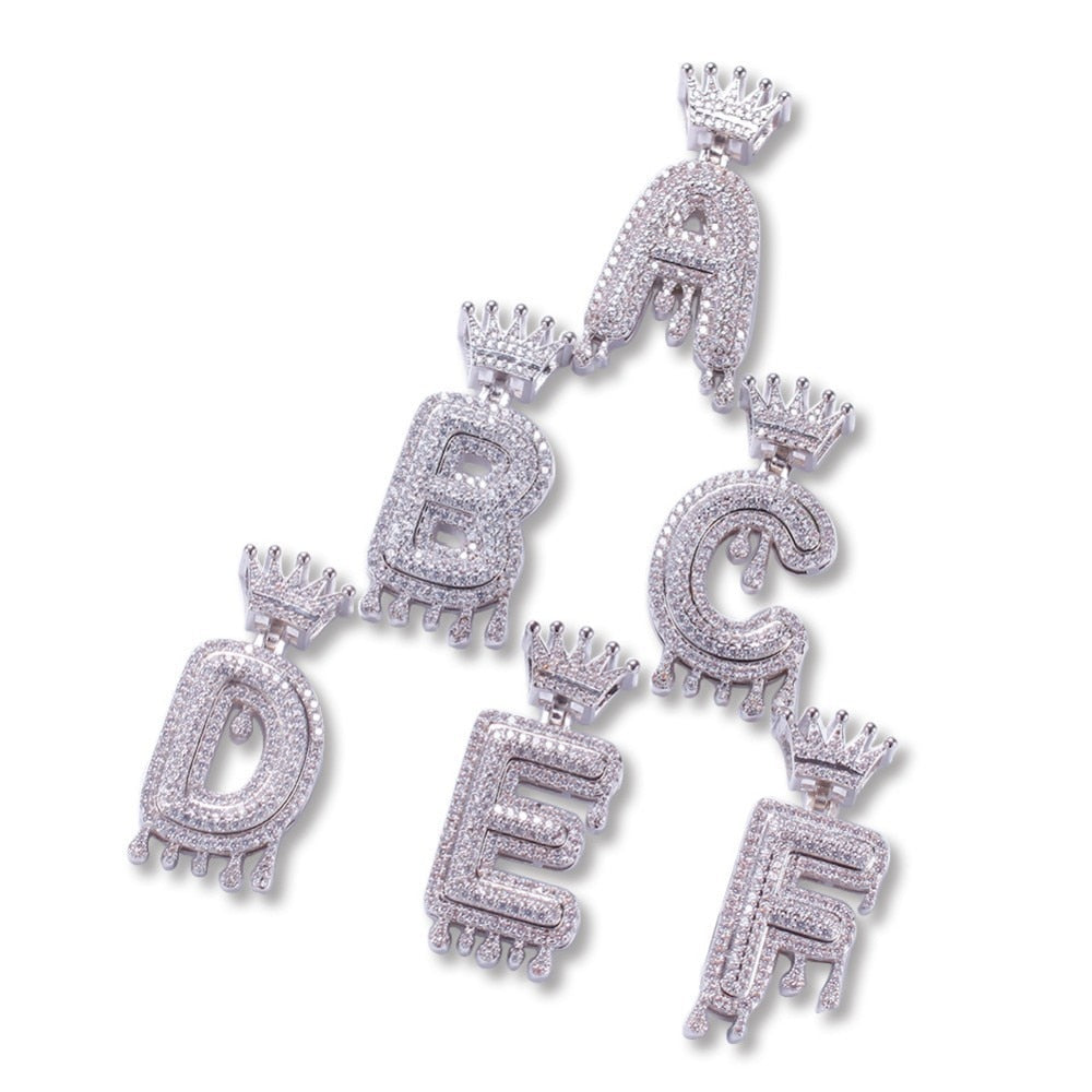 Custom Crown Drip Bubble Initial Letter Chain Necklaces