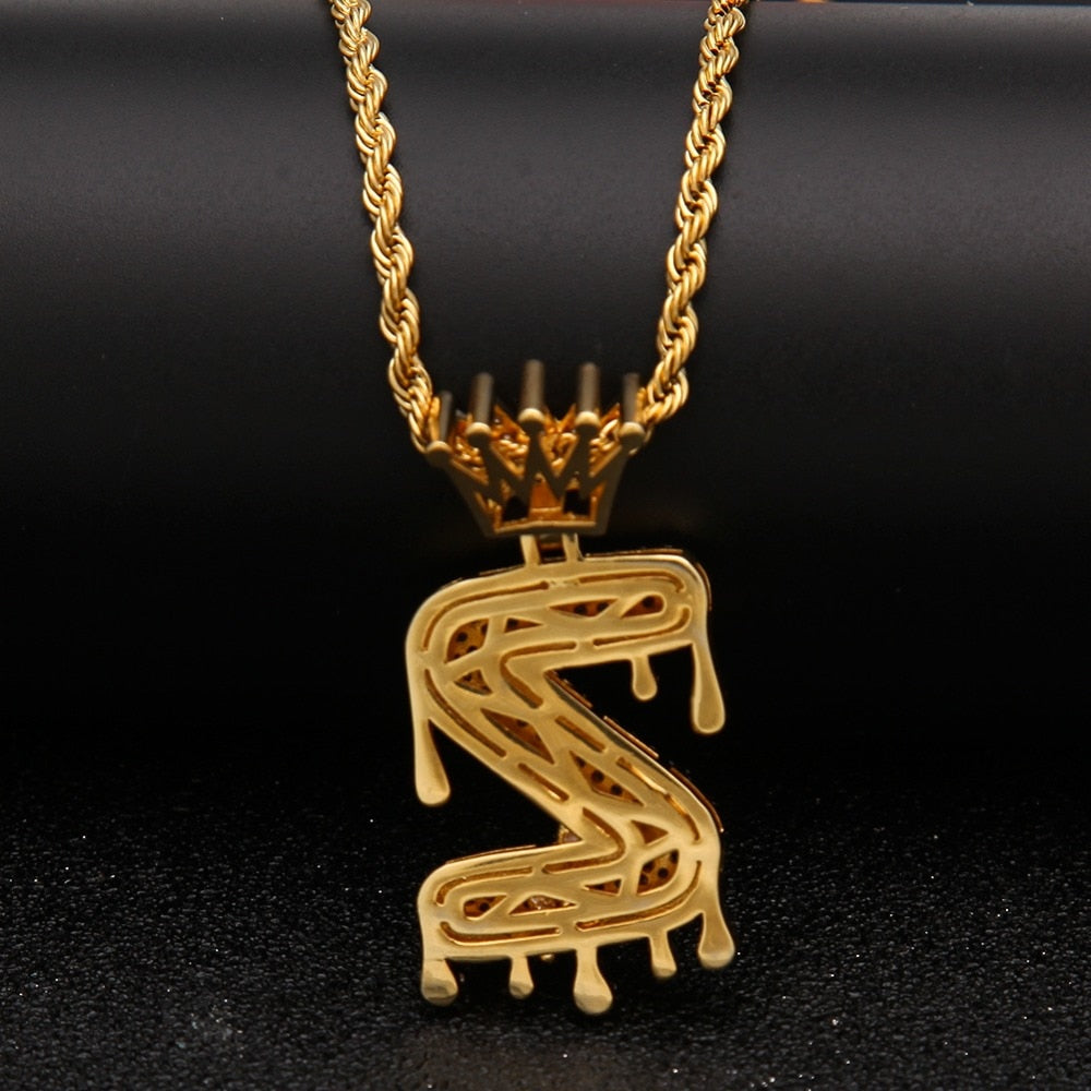 Custom Crown Drip Bubble Initial Letter Chain Necklaces