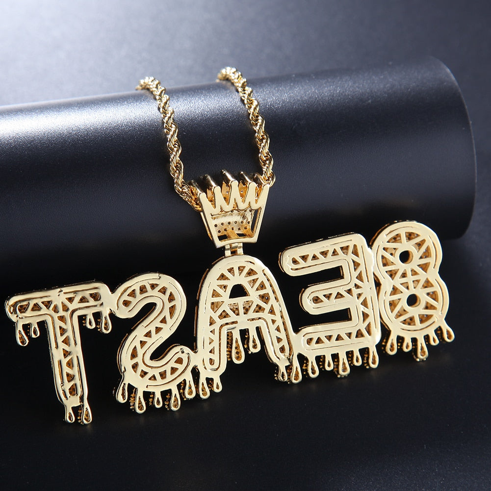 Name Necklace Customize Drip Crown Letter Pendant