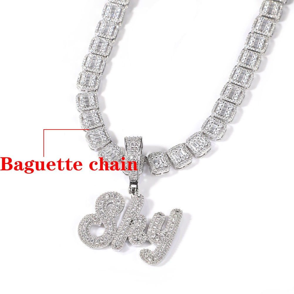 Cursive Letter Custom Name Necklace With Small Baguette Chain