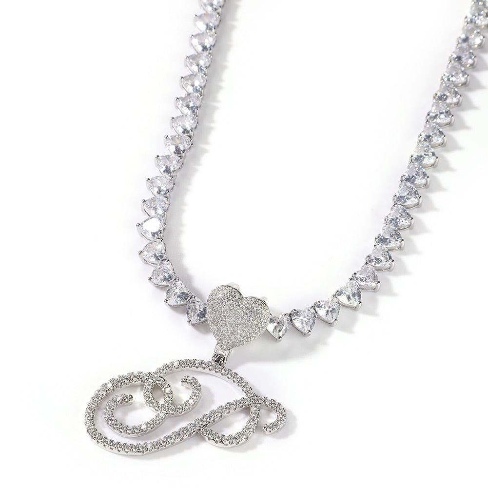 Heart Tennis Chain Necklace with Cursive Letters Charm