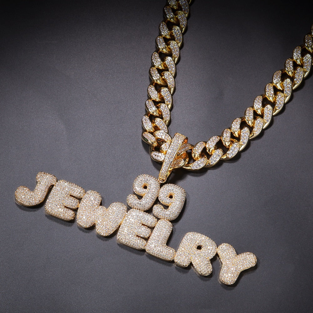 Custom Bubble Letters Necklace With Cuban Chain Name Pendant